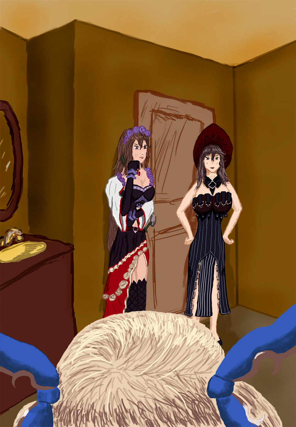 Rosetta and Magisa in front of Io, smirking.