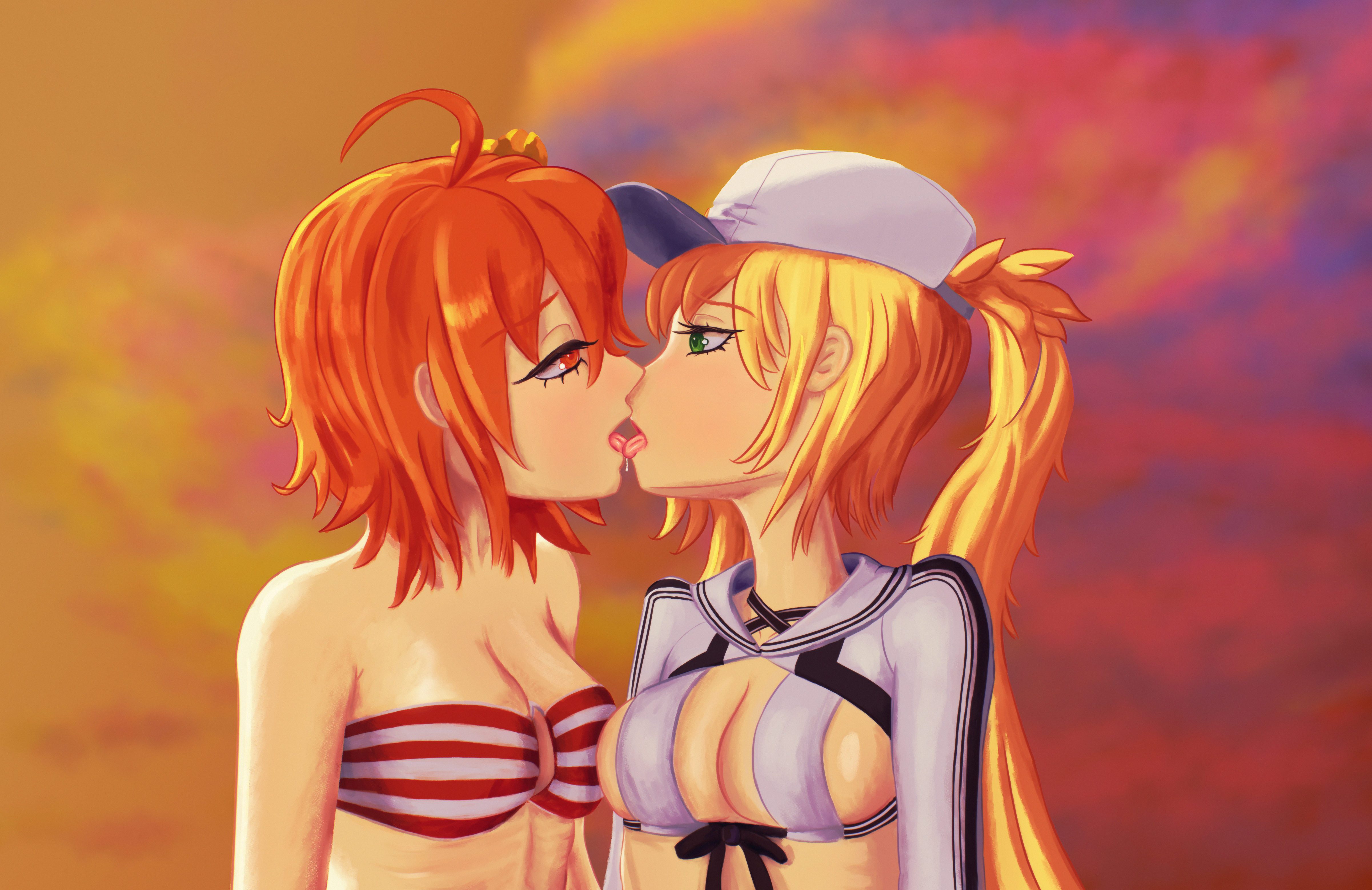 Gudako and Castoria kissing at the sunset beach