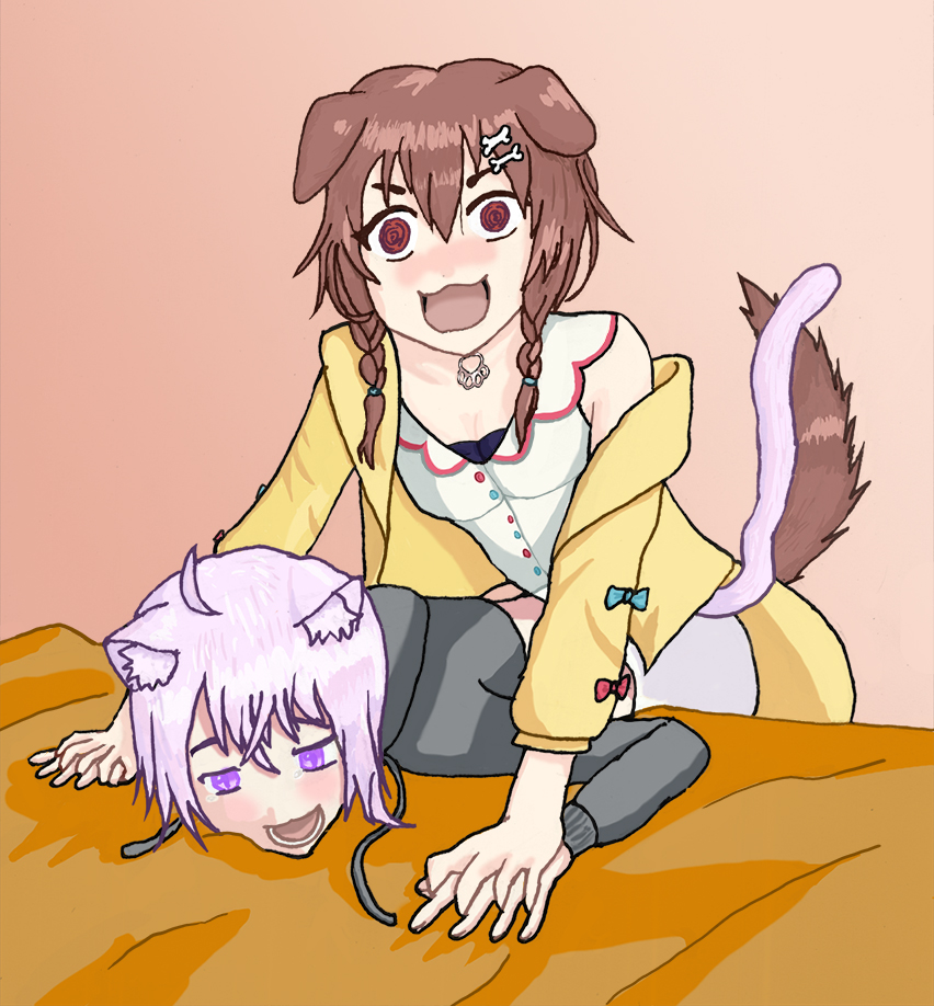 Overstimulated Korone on top of Okayu